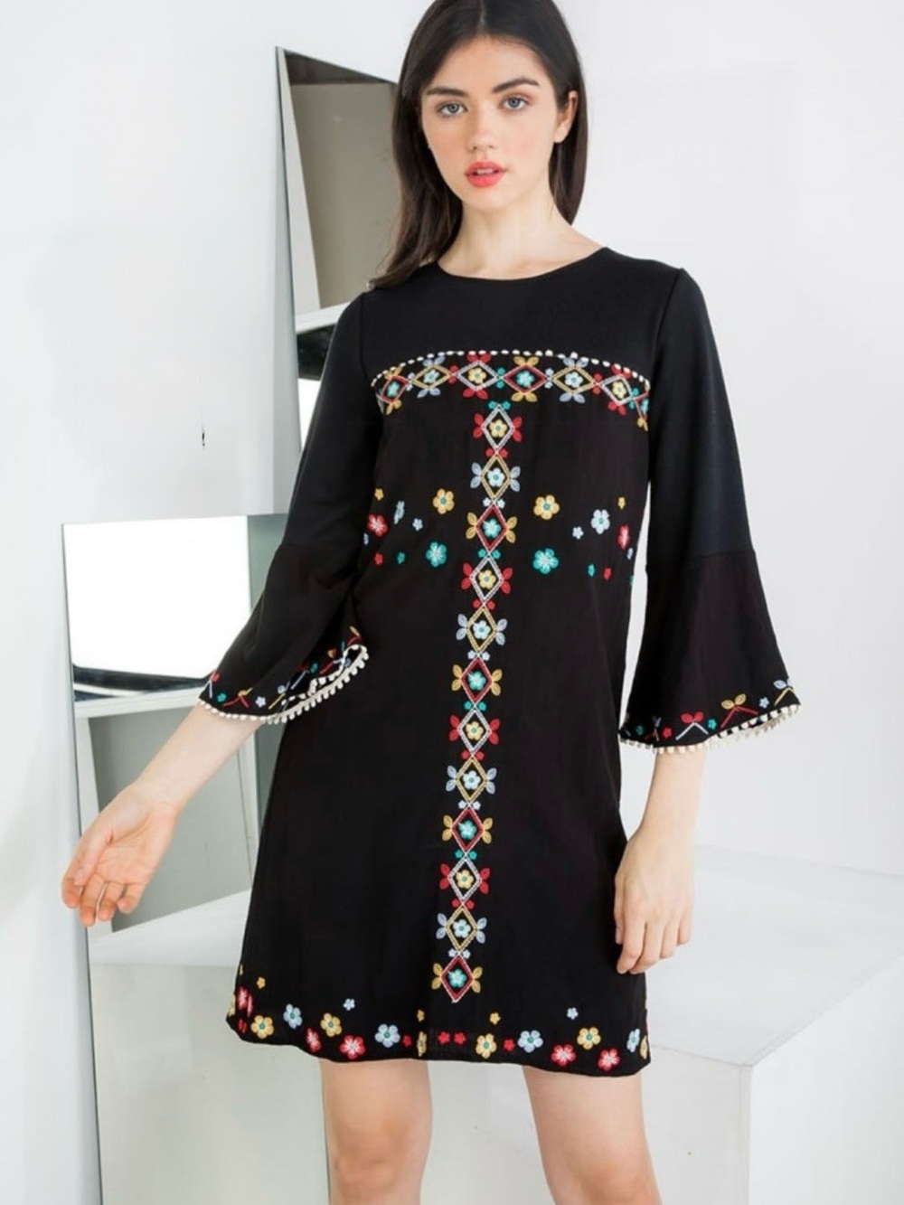 THML Black Embroidered Dress Large